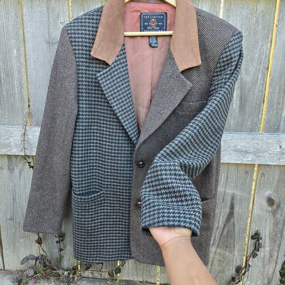The Limited Vintage 90s Suede Wool Houndstooth Blazer M English Countryside Prep - Picture 5 of 11